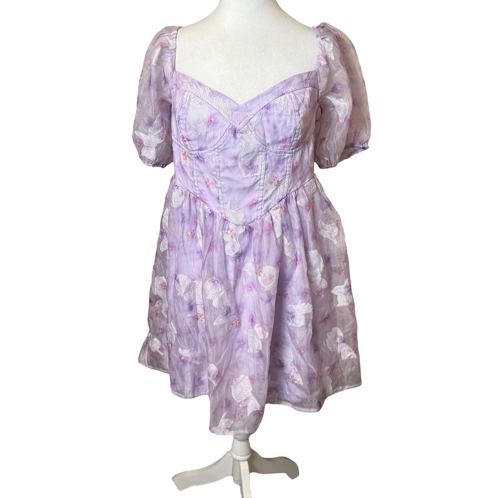 NWT Lulus Darling Behavior Lavender Floral Burnout Puff Sleeve Mini Dress XL